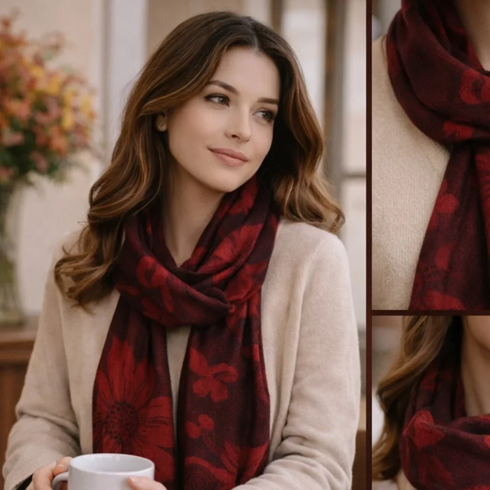🌹Jerusalem Label 100% Cashmere Shawl – Garnet Floral Weave • Quiet Luxury